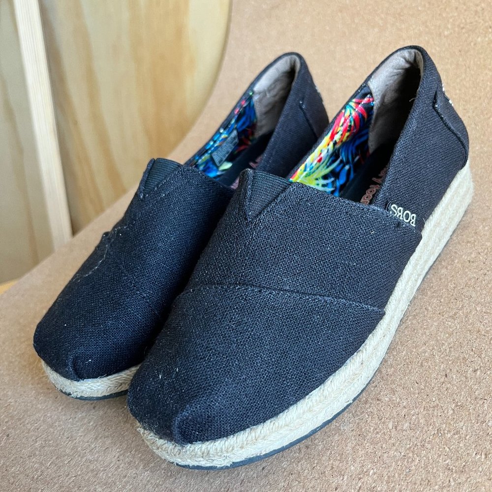 Bobs Skechers Black Canvas Espadrille Wedges, Comfort Memory Foam Women size 8